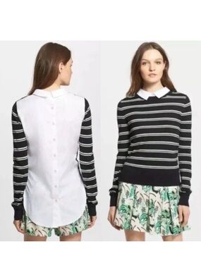 Veronica Beard Collared Button-Back Sweater Blouse M Striped Preppy Knit Top